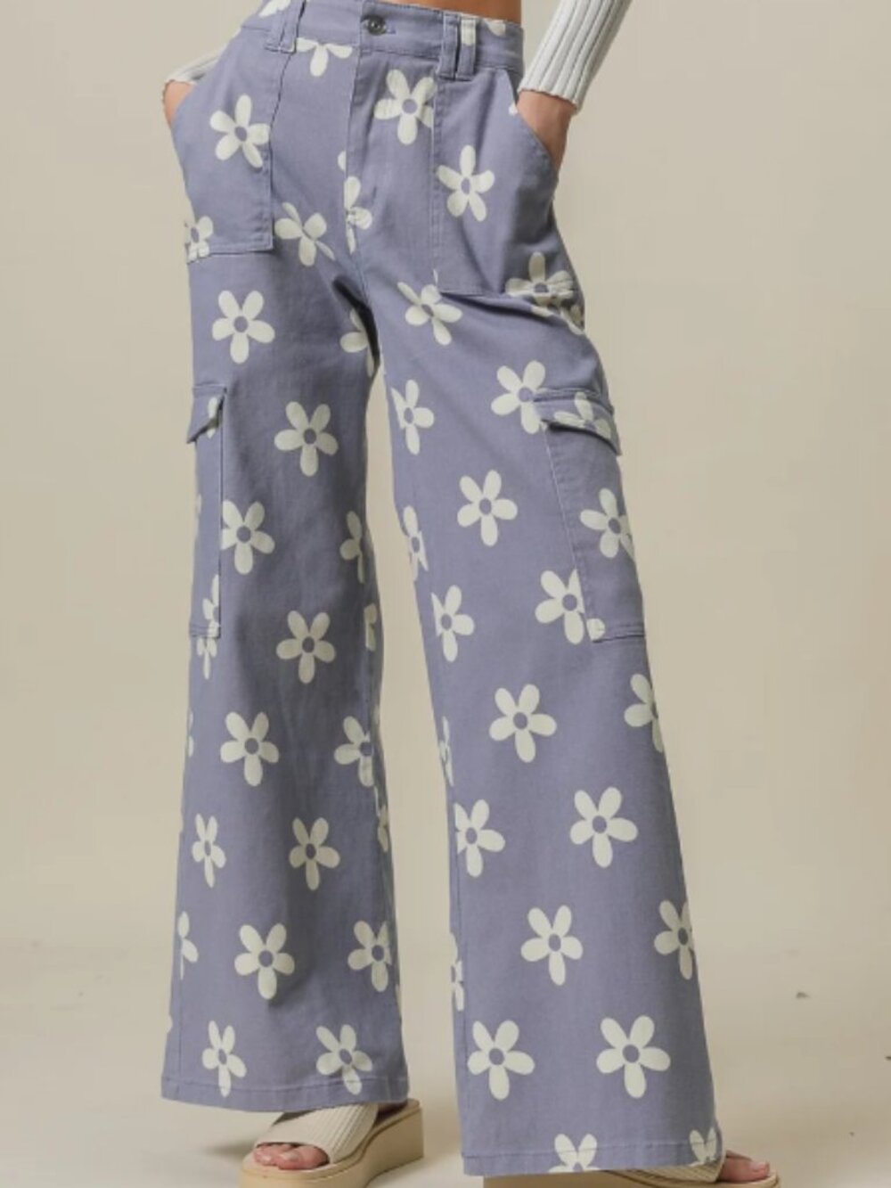 FLOWER PRINTED SIDE POCKET WIDE PANTS